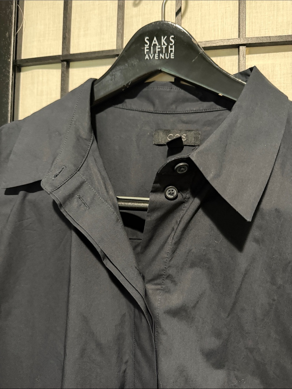 COS Black Cotton Button Up Roomy Dress Flowy Collar Size 14 EUC - Picture 3 of 11